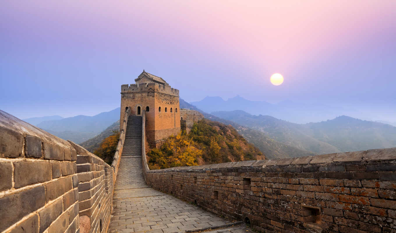 wall, sun, great, sunrise, china, jinshanling