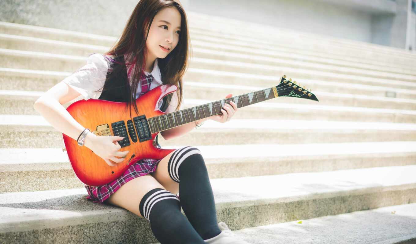 девушка, гитара, азиатка