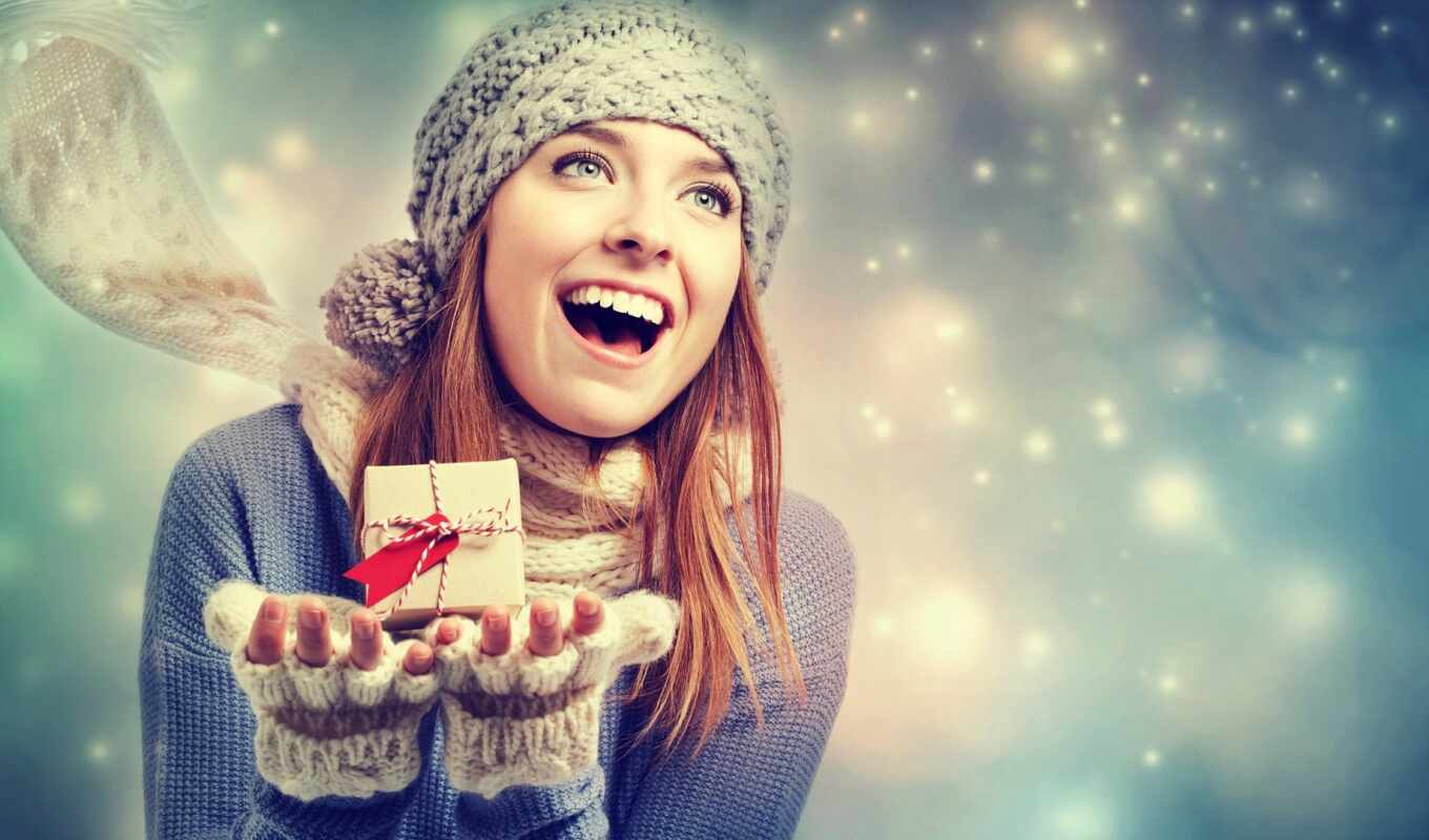 girl, snow, gift, sweater