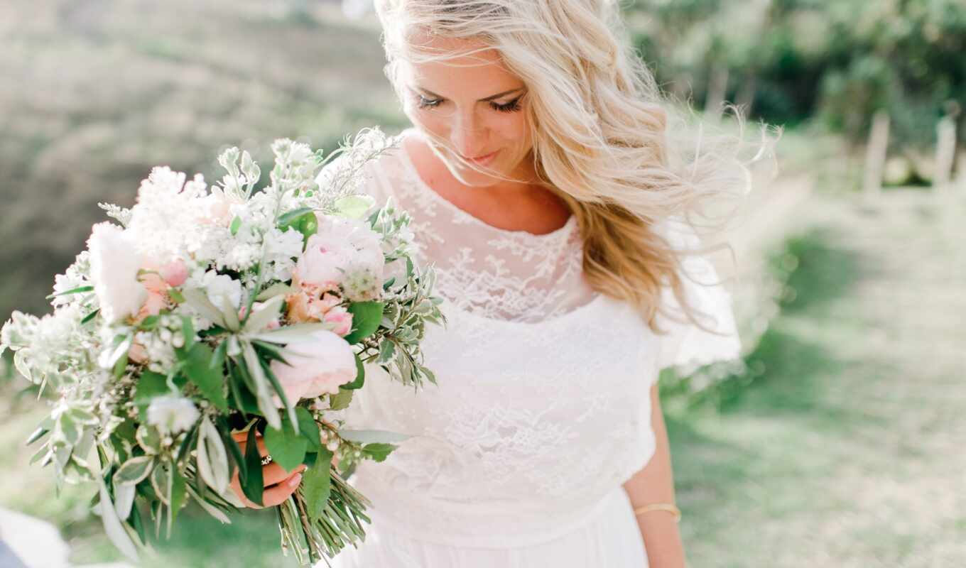 white, blonde, dress, bouquet, wedding, bride