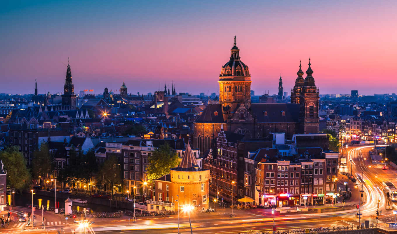 дома, закат, город, вечер, здания, amsterdam, holland, амстердама, фотообои