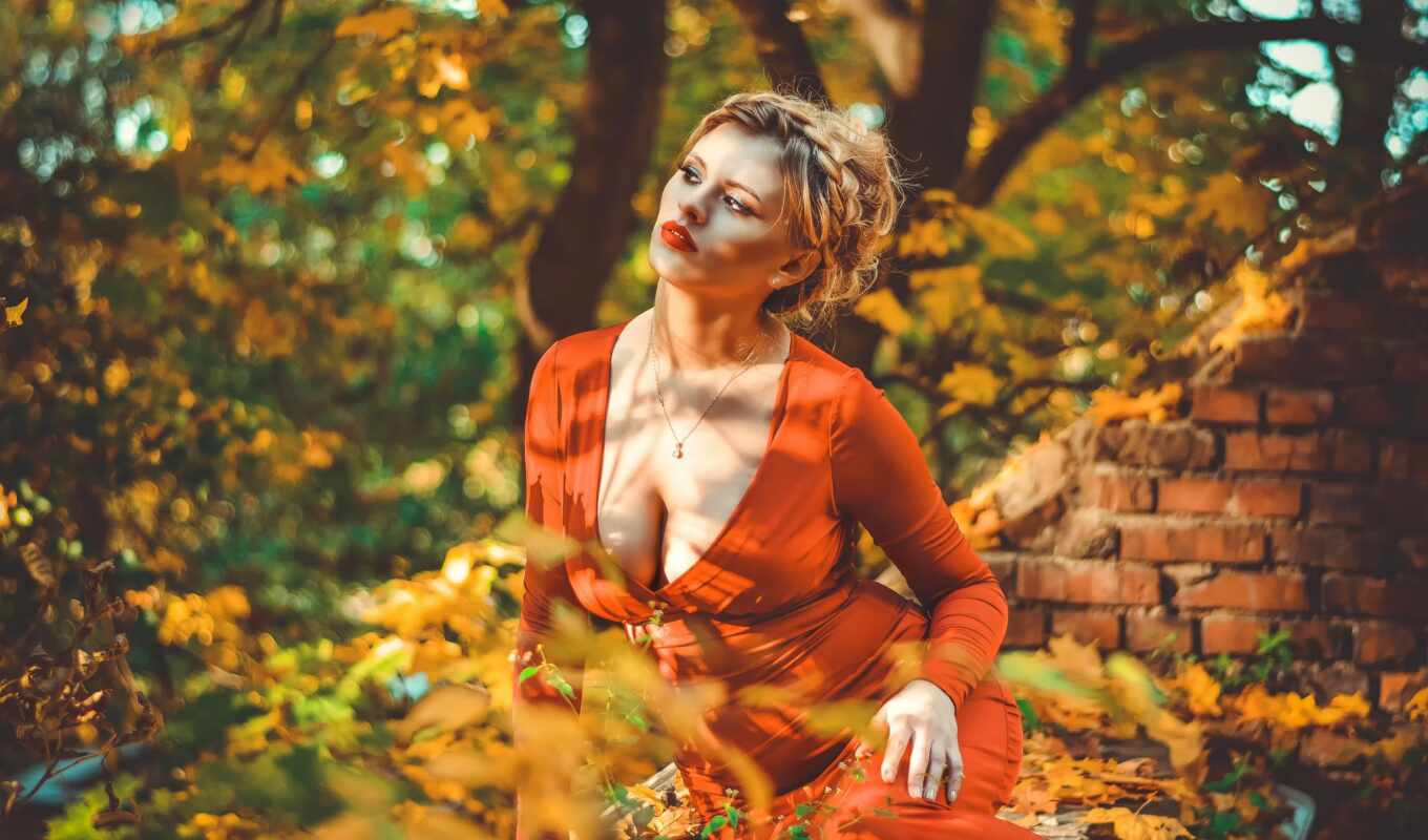 woman, tree, portrait, autumn, mouth, outdoors, cleavage, necklace, dzya-chyn