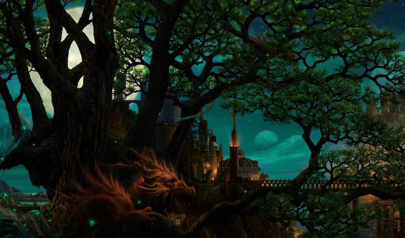 art, tree, city, night, moon, dragon, backgrounds, uchio, ucchiey, kazamasa