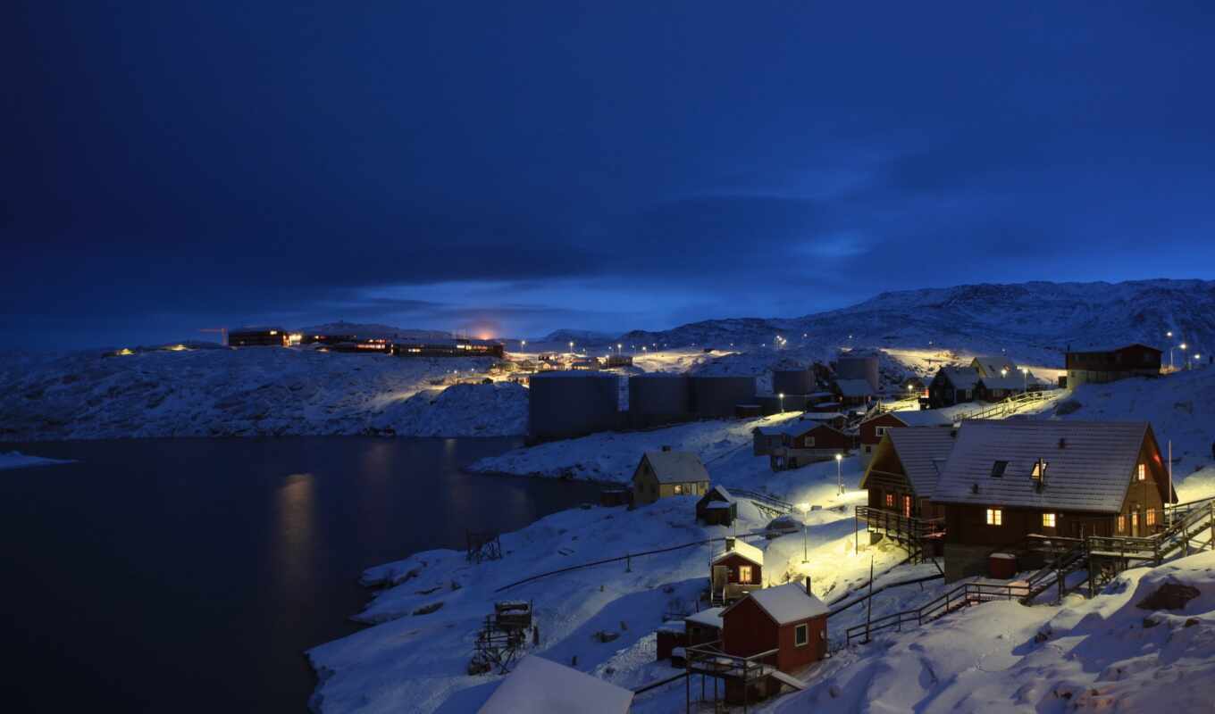night, winter, landscape, village