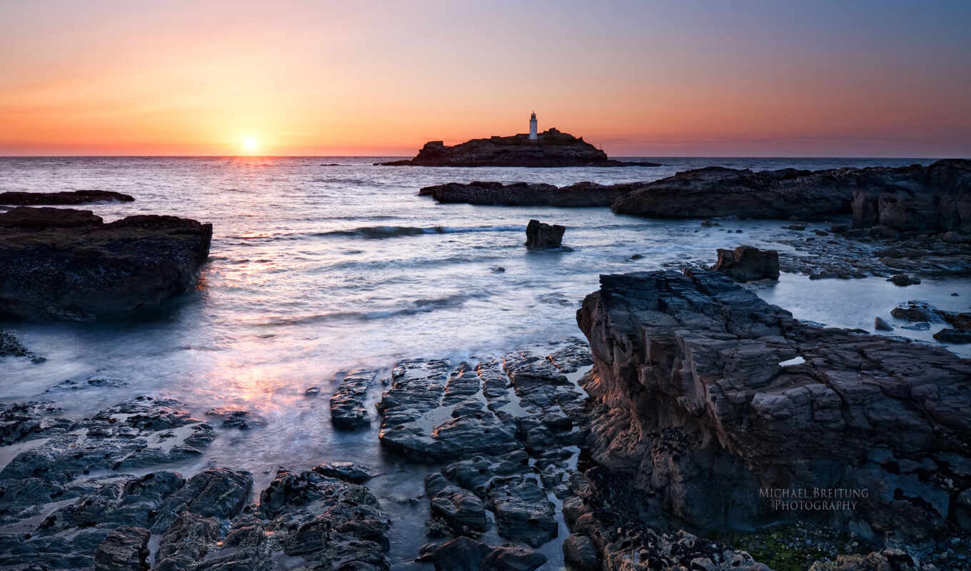 sun, sunset, evening, sea, lighthouse, England, cornwall