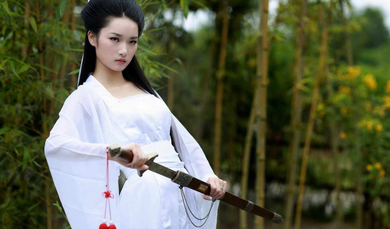 girl, face, woman, background, sword, dress, traditional, outdoors, china, stand, arm