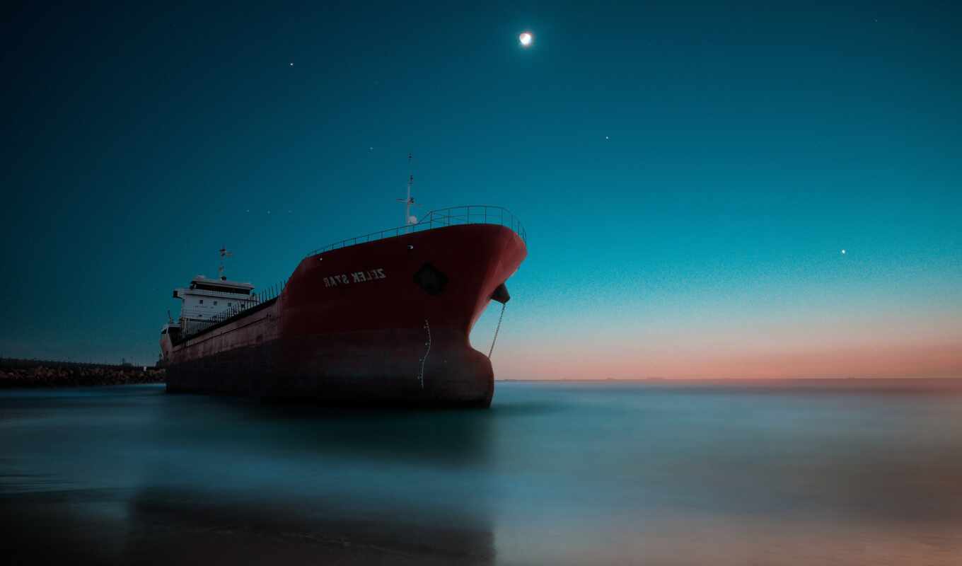 sunset, ship, night, sea, reflection
