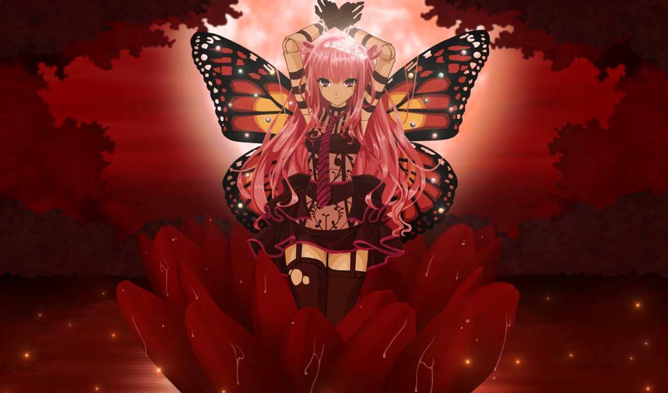 flowers, girl, anime, butterfly, hair, pink, personality, wing, flare
