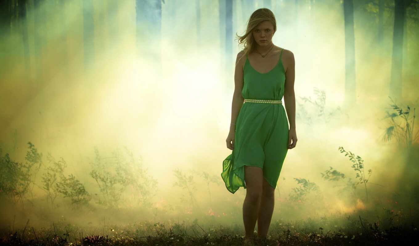 girl, dress, mist, greenery