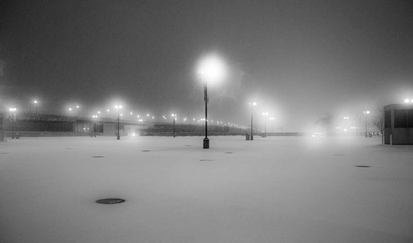 black, white, city, snow, winter, lantern