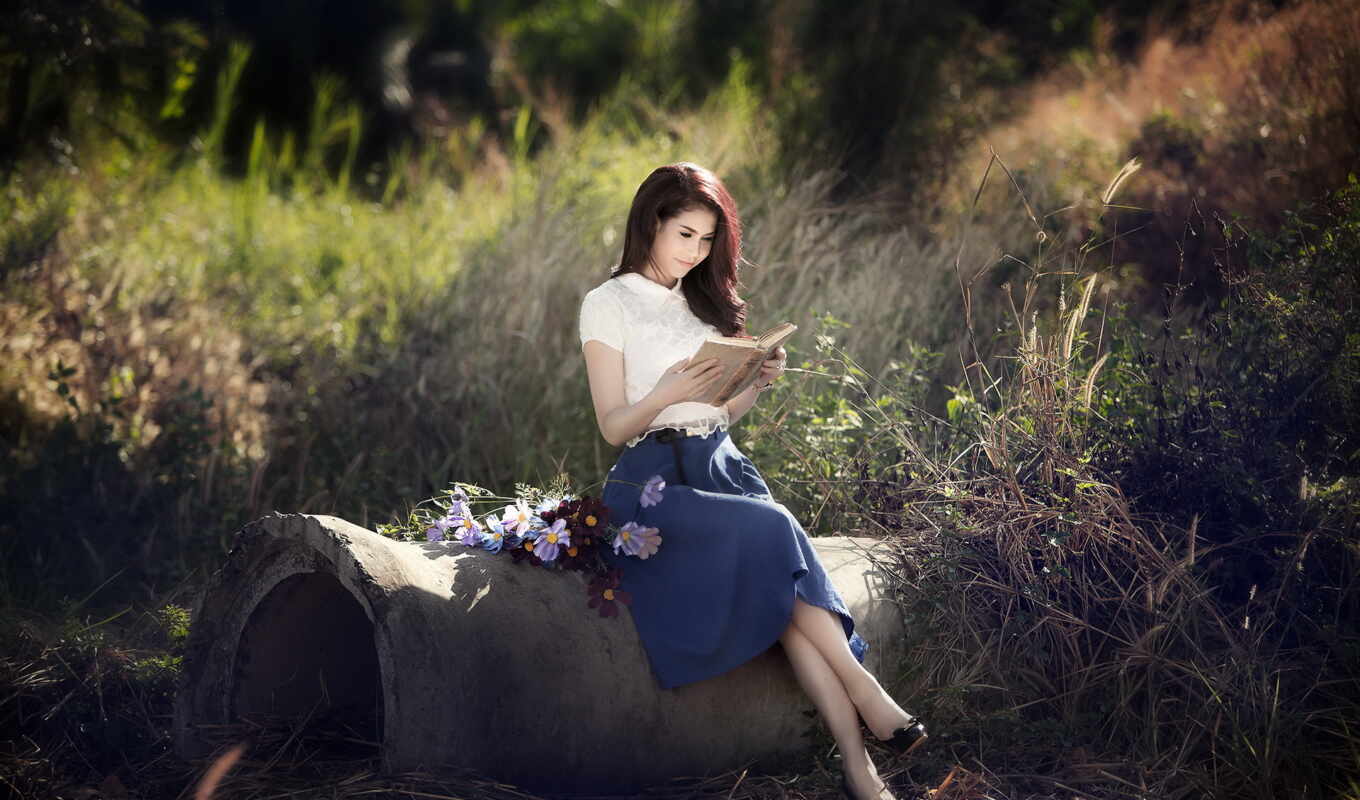 woman, book, skirt, sit, outdoors, redhead