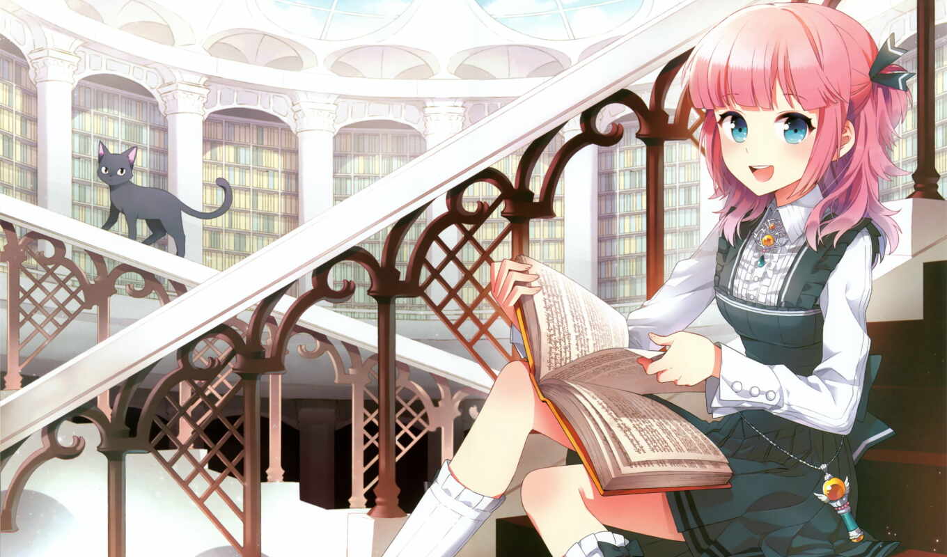 girl, book, anime, ladder, cat, books, railings, library
