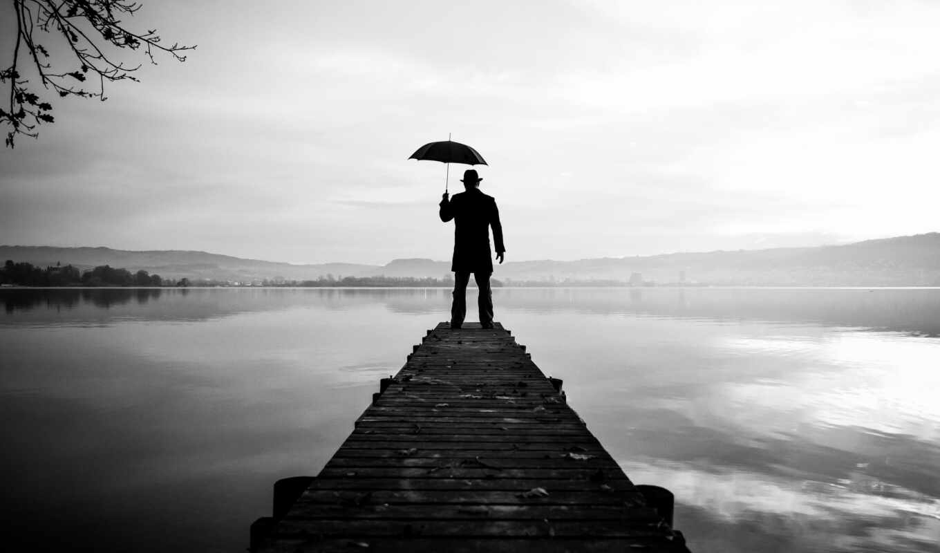 озеро, природа, мужчина, black, white, закат, pier, зонтик, amazon