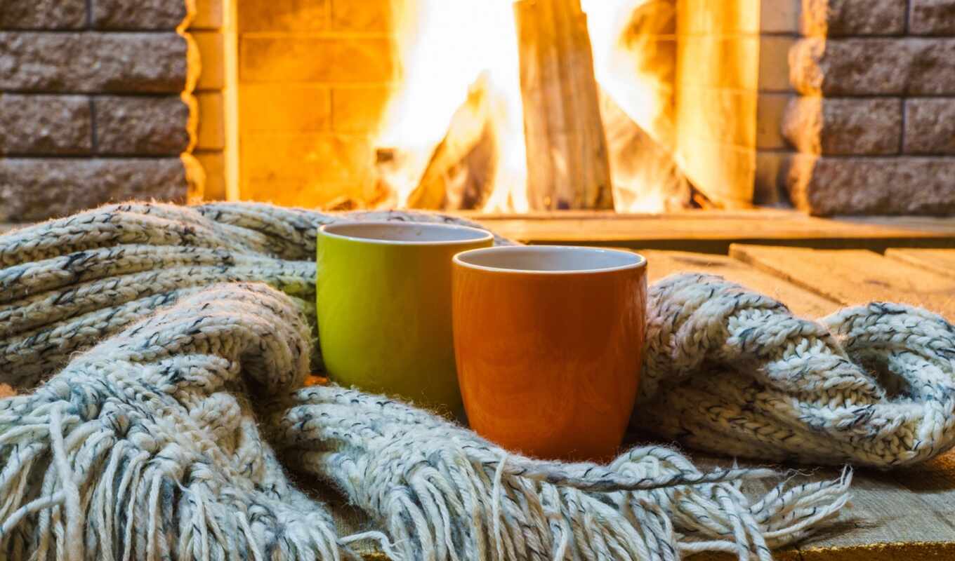 photo, frontline, fireplace, closely, fire, which, cup, two, burn, scarf, cost
