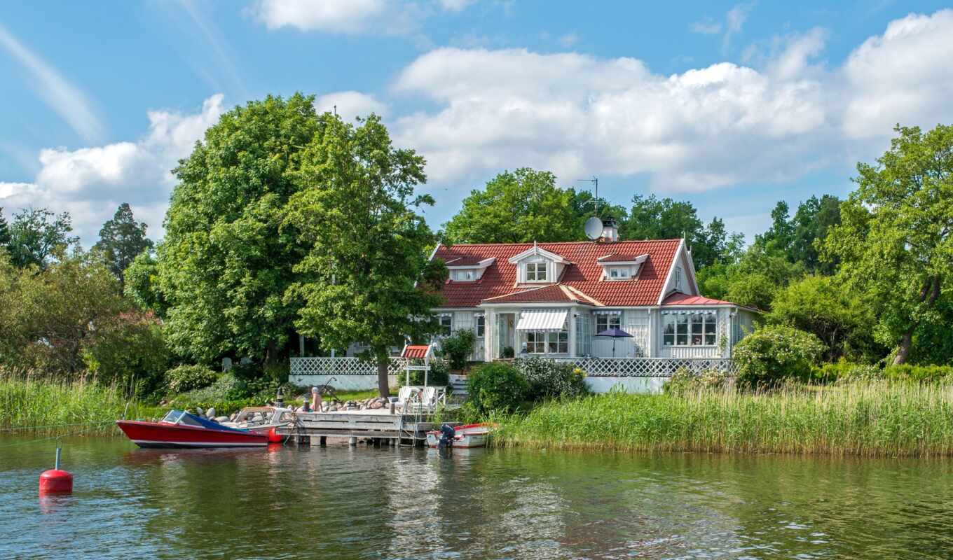 nature, house, tree, river, a boat, sweden, house, reed, vaxholm
