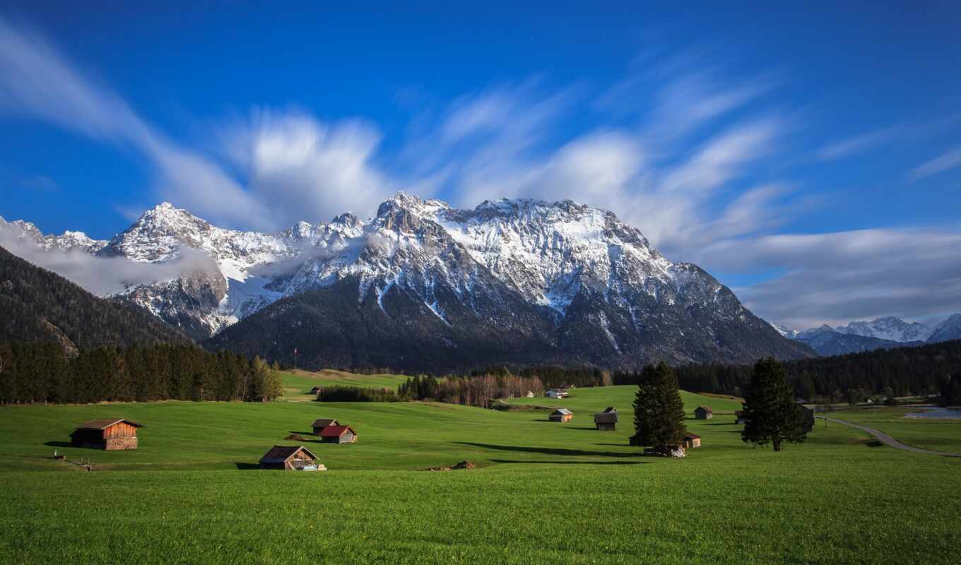 sky, desktop, at home, green, trees, mountains, the alps, valley, mountains