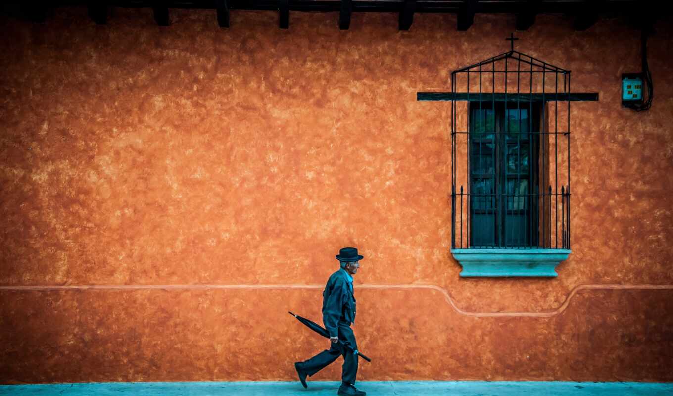 шляпа, мужчина, стена, окно, зонтик, гватемала