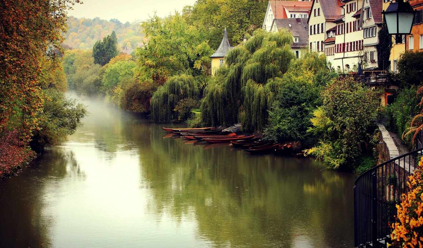 дома, город, канал, здания, amsterdam, осень, река, trees, туман, german