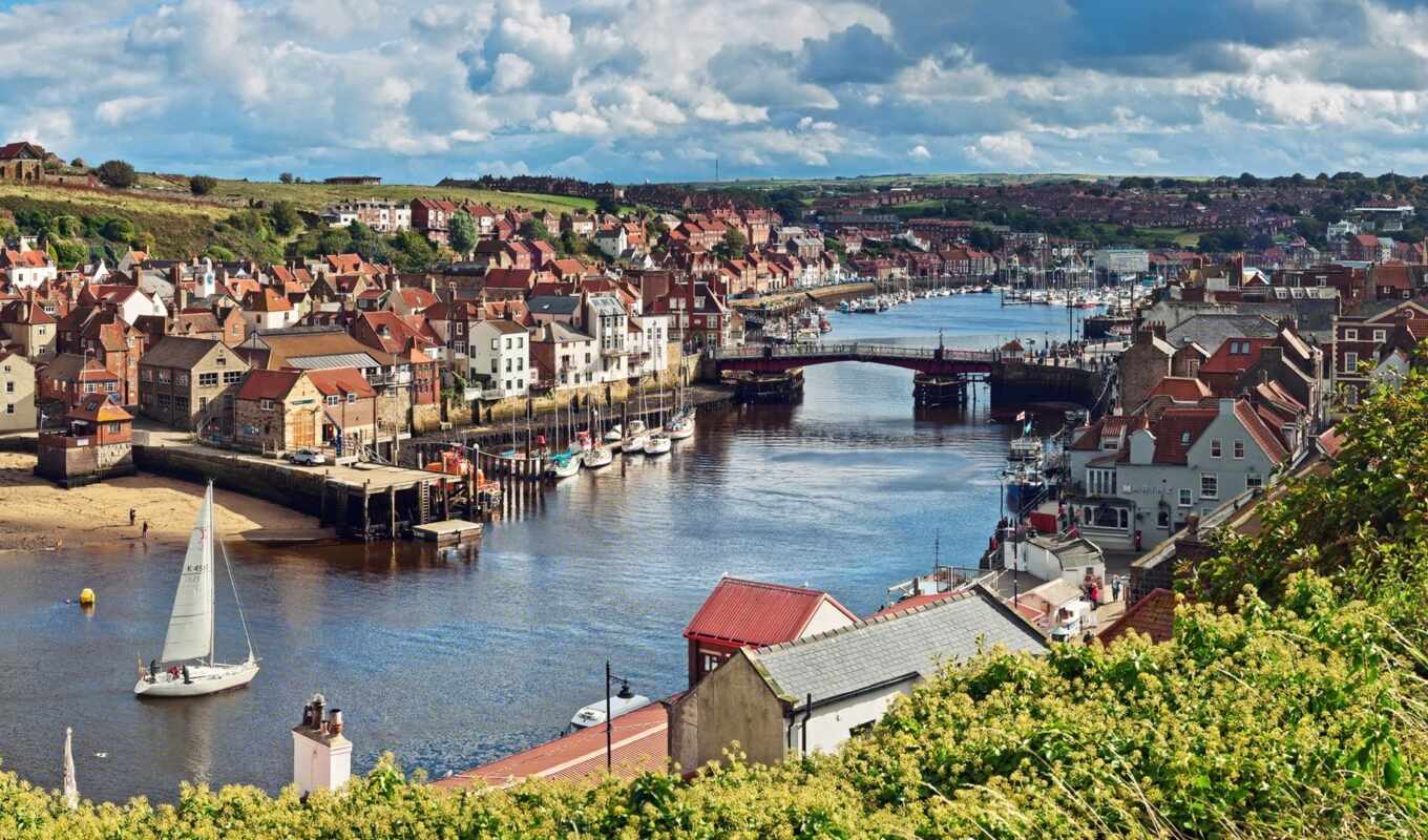 night, Bridge, hotel, England, north, river, yorkshire, whitby