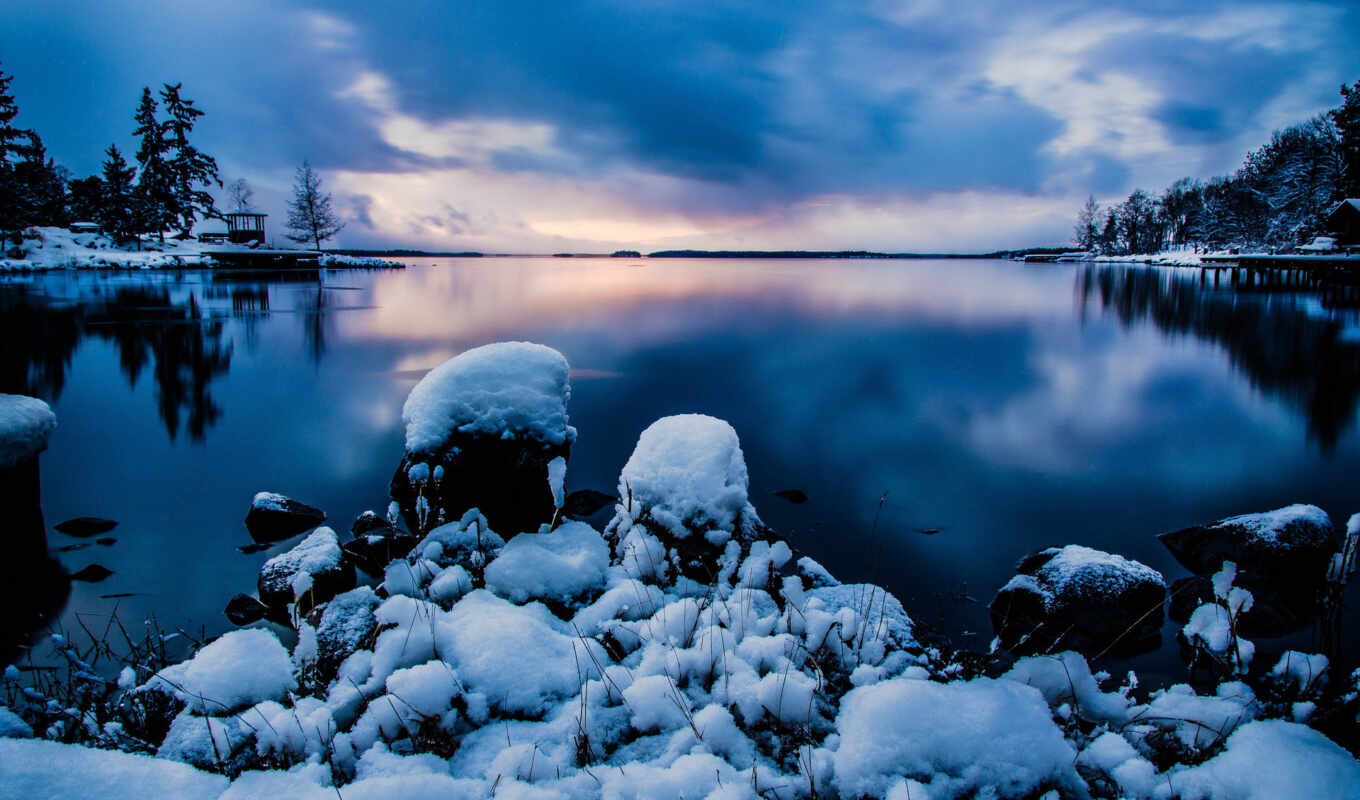 lake, nature, snow, water, stones, winter, Sweden, stockholm