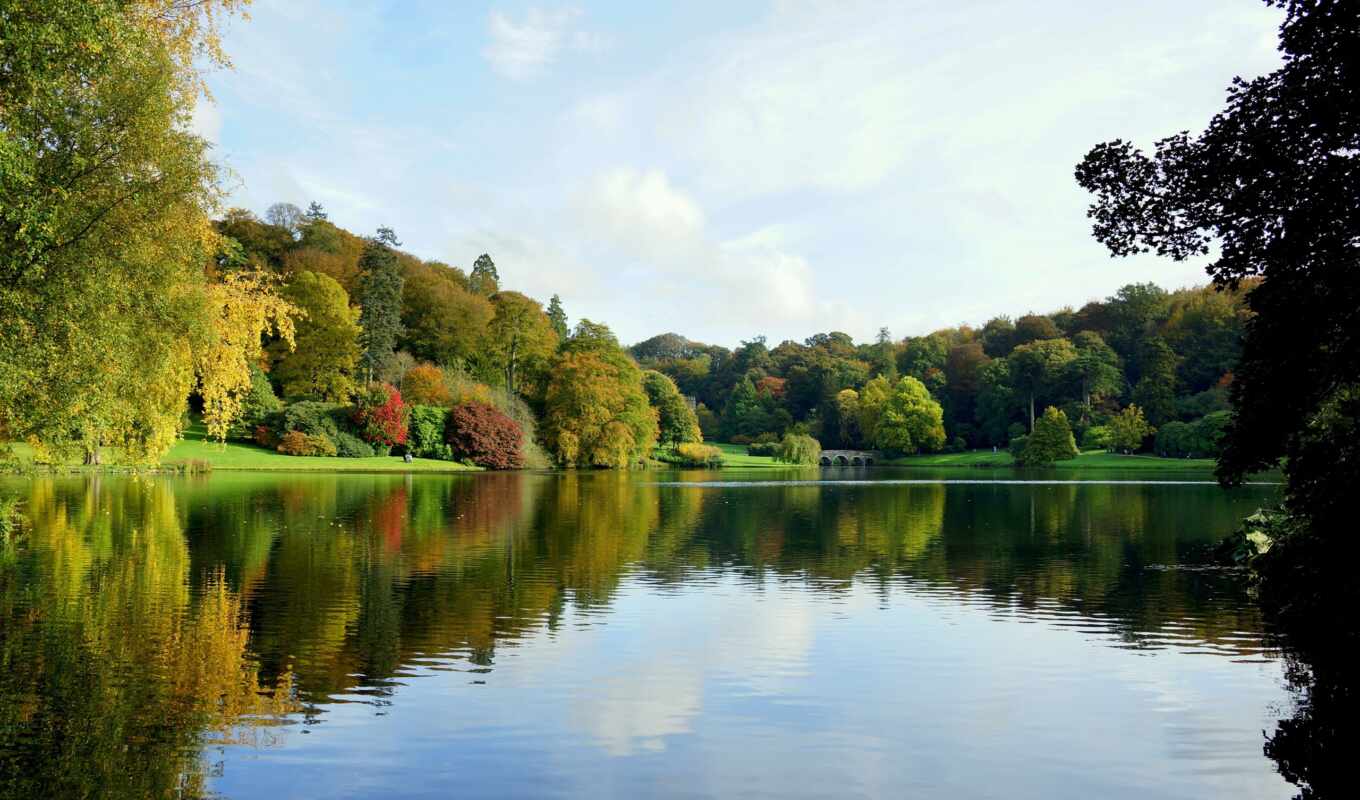 озеро, осень, день, ук, trees, gardens, stourhead, wiltshire, фотообои, elevation