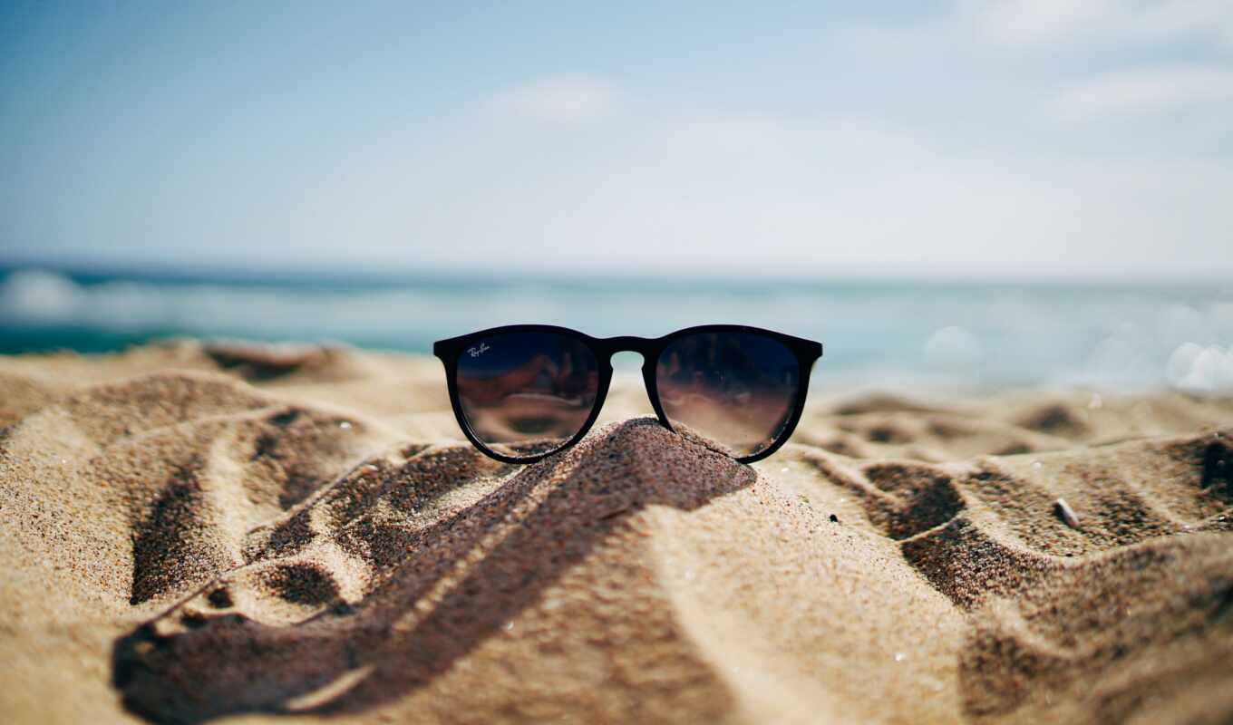 пляж, песок, очки, лучи, каникулы