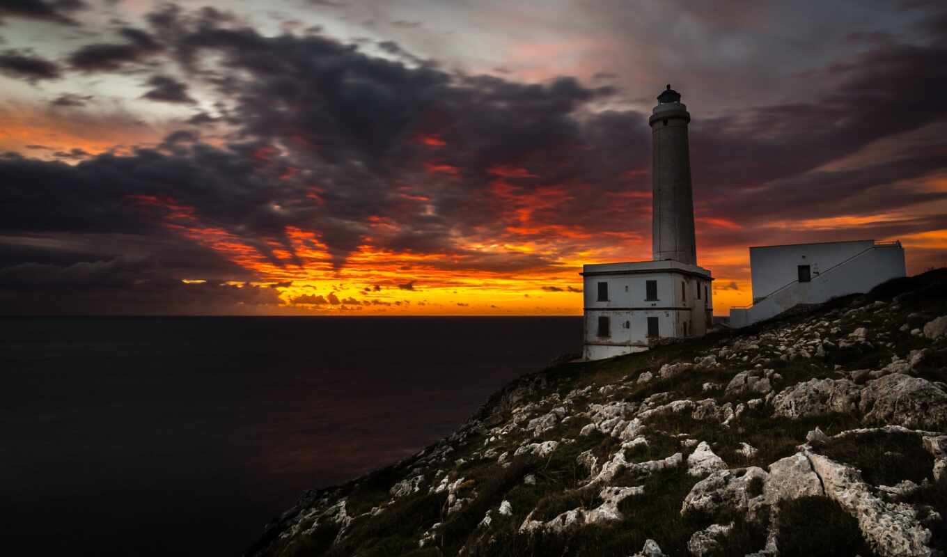 sunset, lighthouse, cloud, ocean, earth, horizon, id, reservation