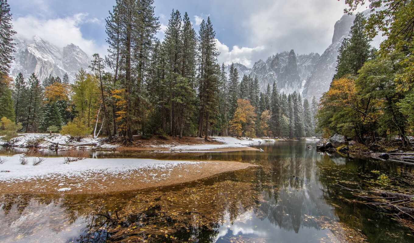 lake, nature, tree, water, snow, mountain, landscape, park, river, national, fore