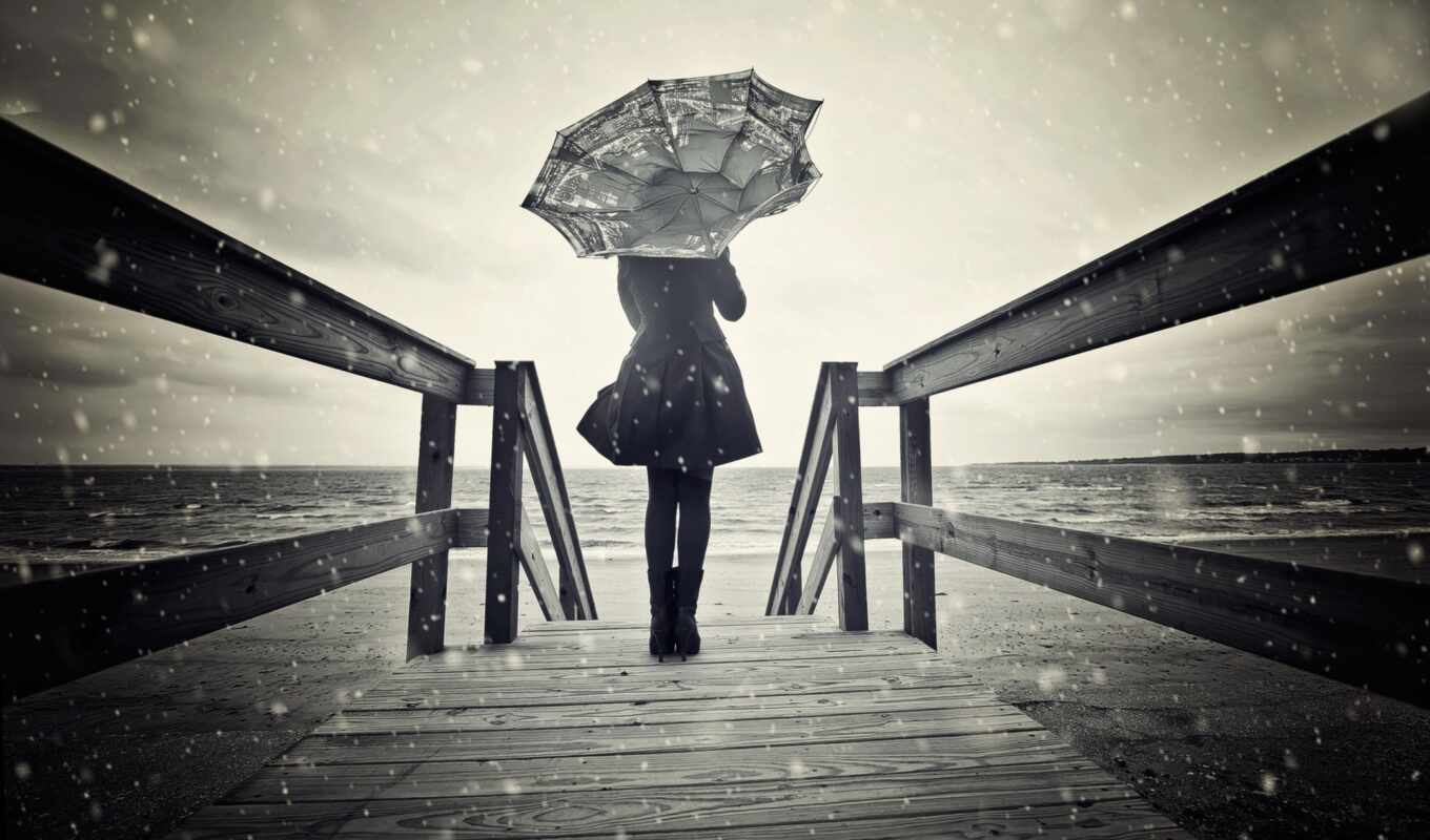 девушка, снег, ветер, зонтик