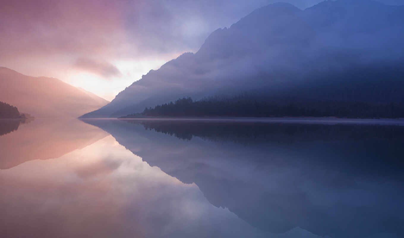 lake, nature, sky, forest, mountain, landscape, morning, fog, reflection, vodyt