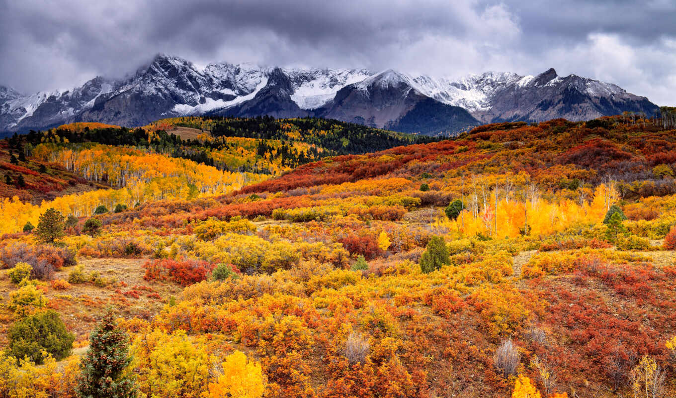 sky, picture, forest, USA, categories, autumn, paints, river, cloud, mountains