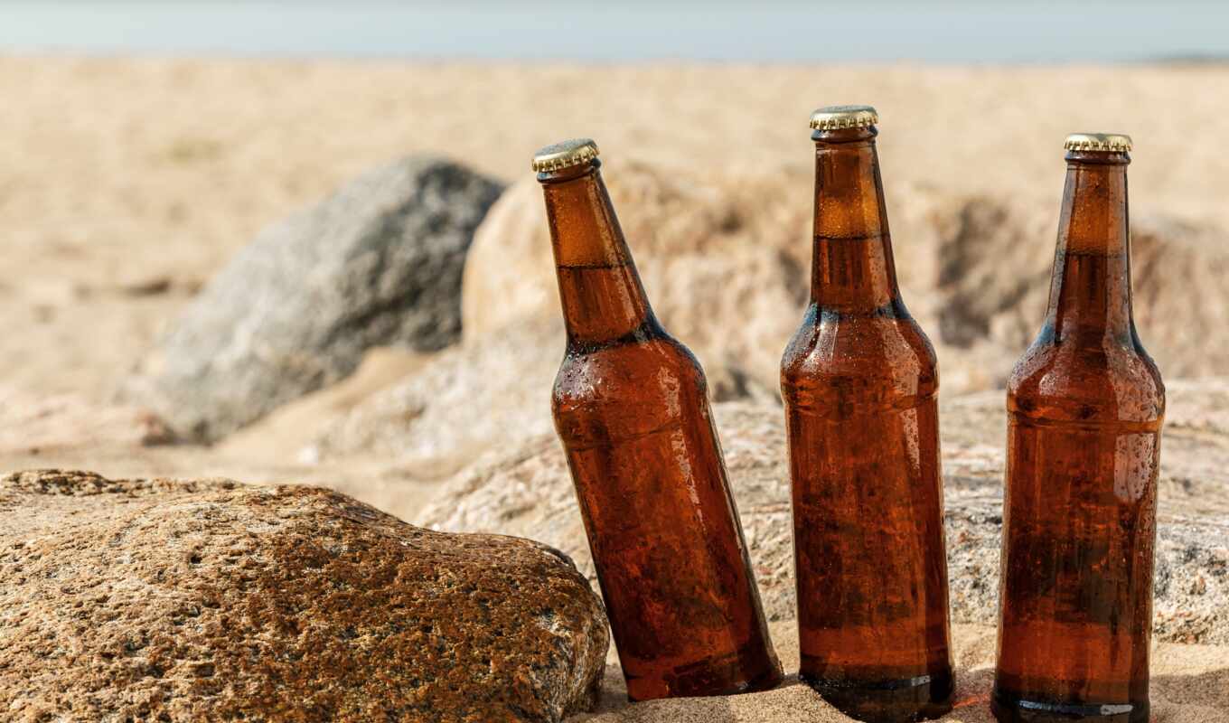 камень, пляж, песок, бутылка, пиво