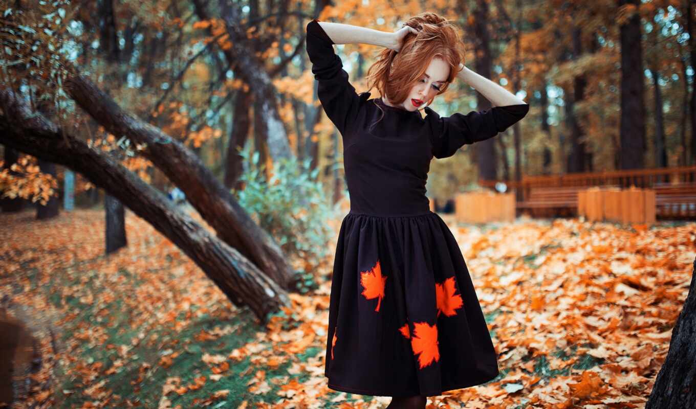 девушка, лист, платье, осень