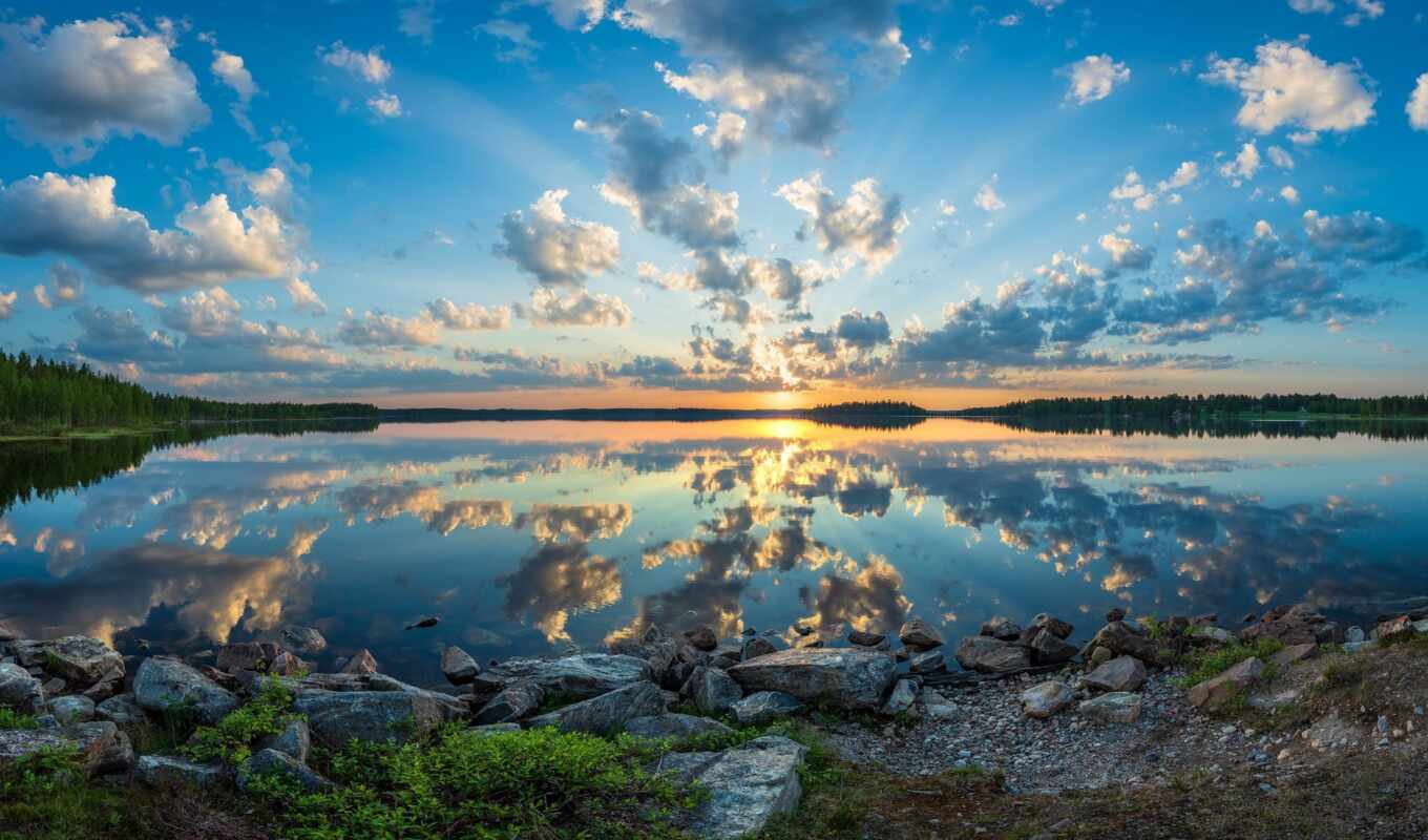озеро, небо, sun, финляндия, oir