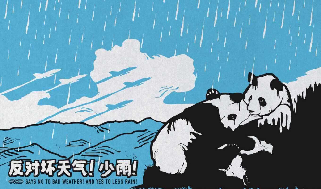 white, rain, panda