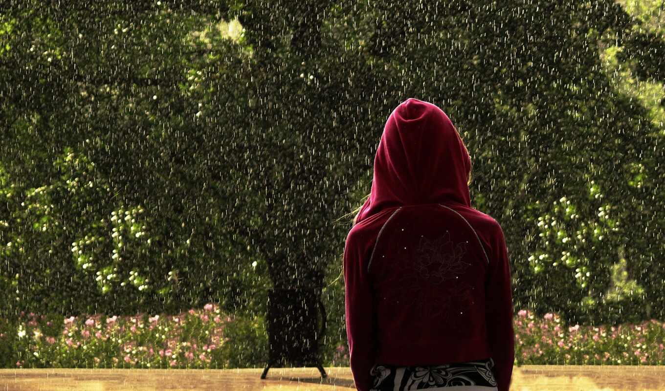 girl, rain, back, hood