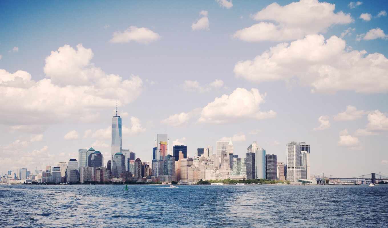 new, city, skyline, sea, island, manhattan, york, skyscraper