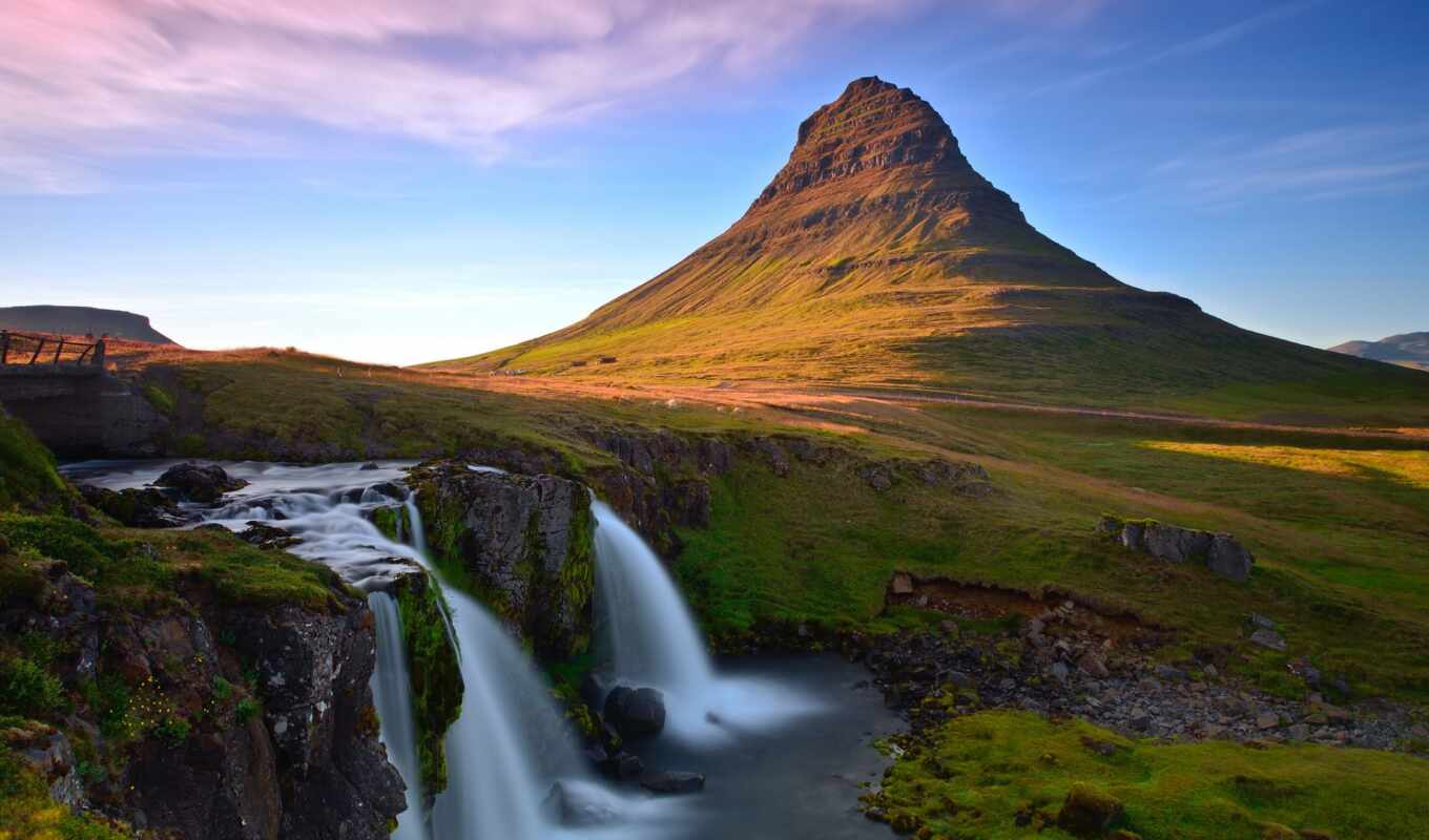 картинку, картинка, гора, пейзаж, река, водопад, исландия, kirkjufellsfos
