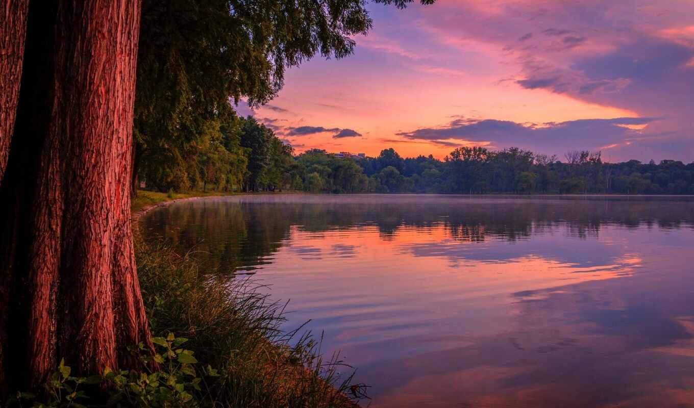 lake, sunset