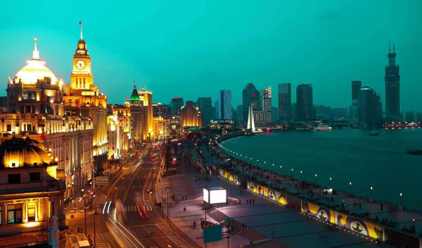 город, ночь, река, дорогой, shanghai
