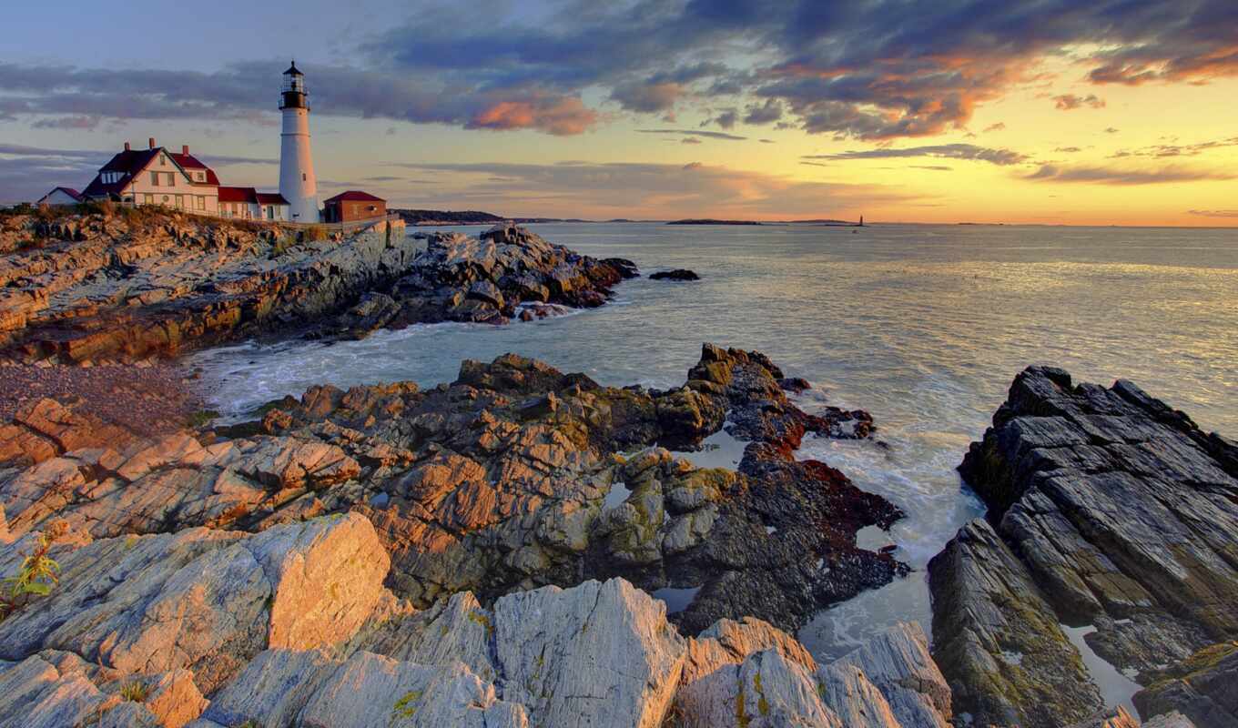 nature, head, light, stone, sunset, landscape, sea, lighthouse, beautiful, portland