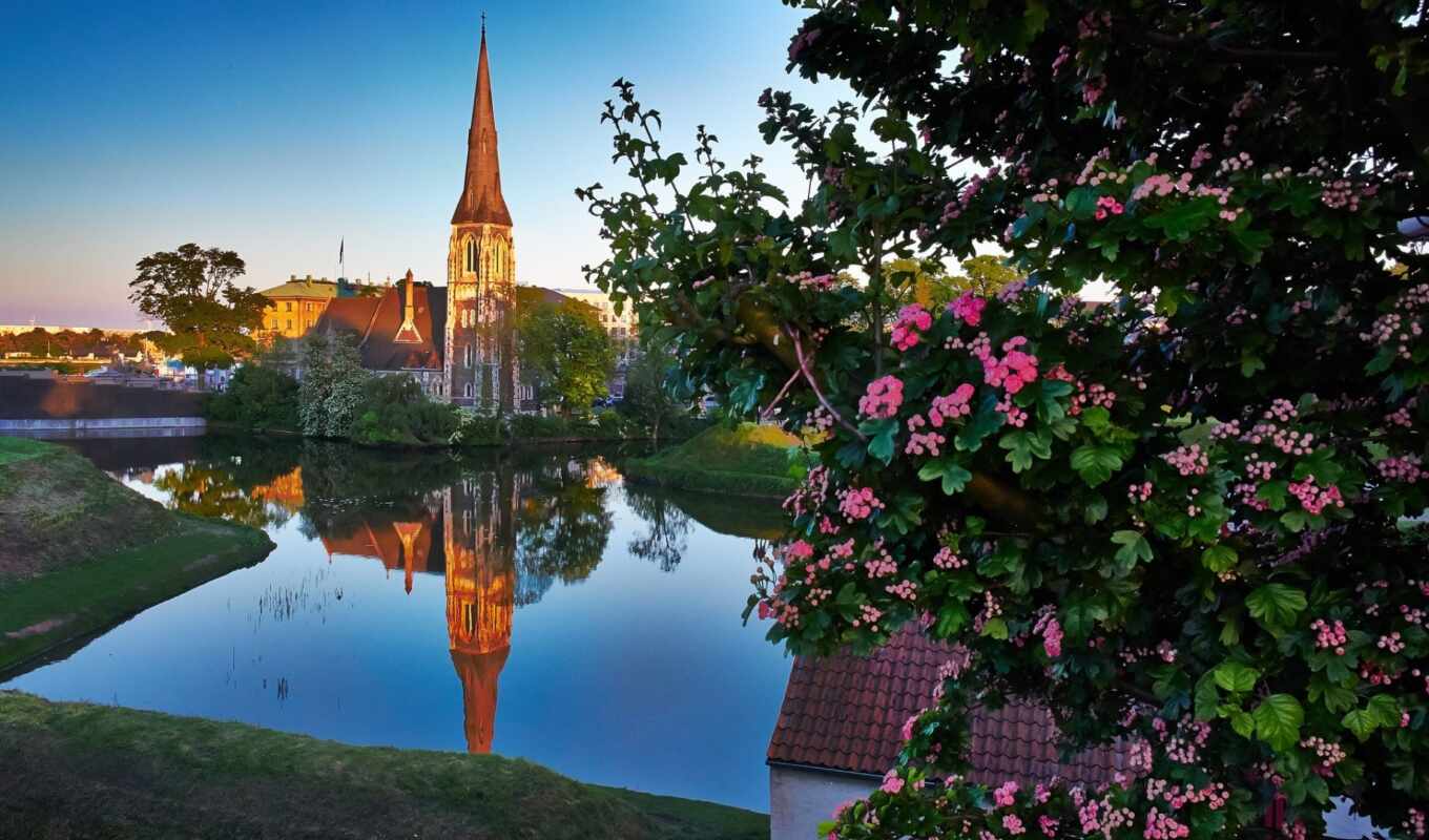 flowers, house, tree, architecture, denmark, tower, river, reflection, church, copenhagen
