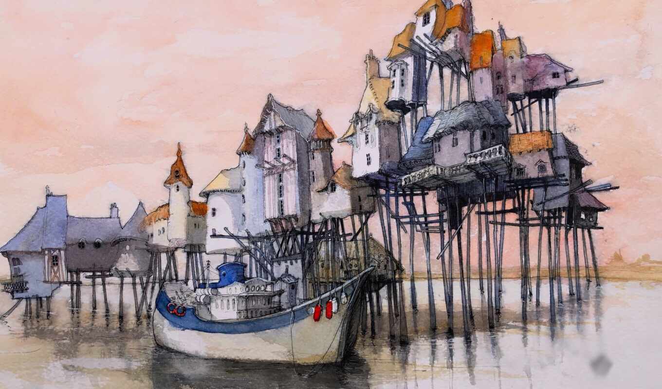 house, paint, ship, water, architecture, sea, artwork, a boat, doc, watercolor