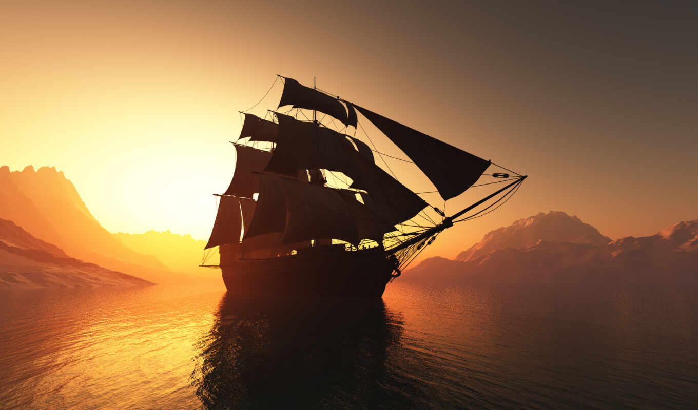 picture, sunset, sunset, ship, rendering, sea, ocean, marine, suns, sails, photo wallpapers