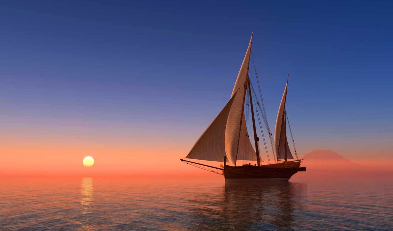 sky, sun, sunset, ship, sea, horizon, sunrise, a boat, sailboat, sail