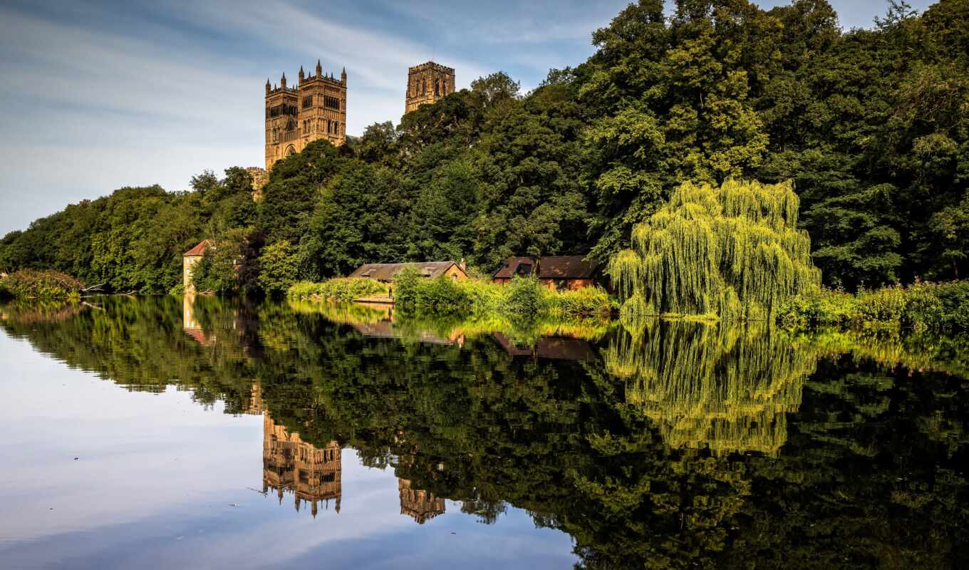 England, river, reflection, cathedral, durham