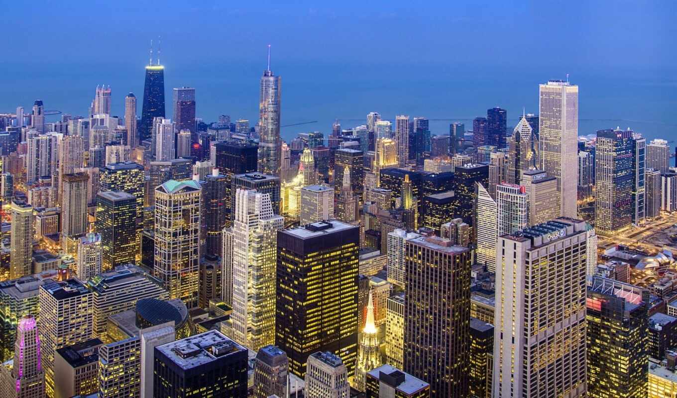 city, evening, lights, skyscrapers, USA, usa, illinois, chicago