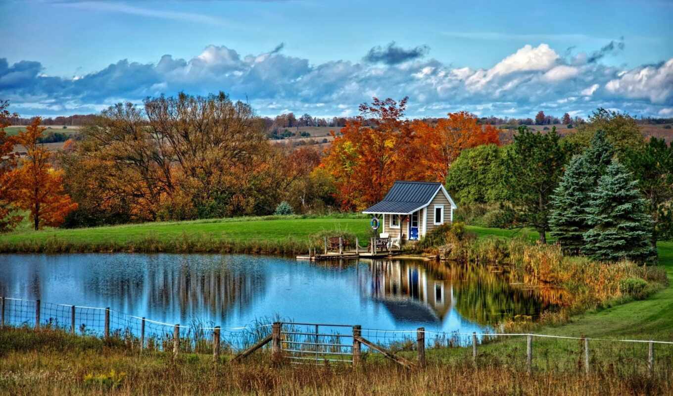 озеро, природа, desktop, house, landscape, осень, кабина