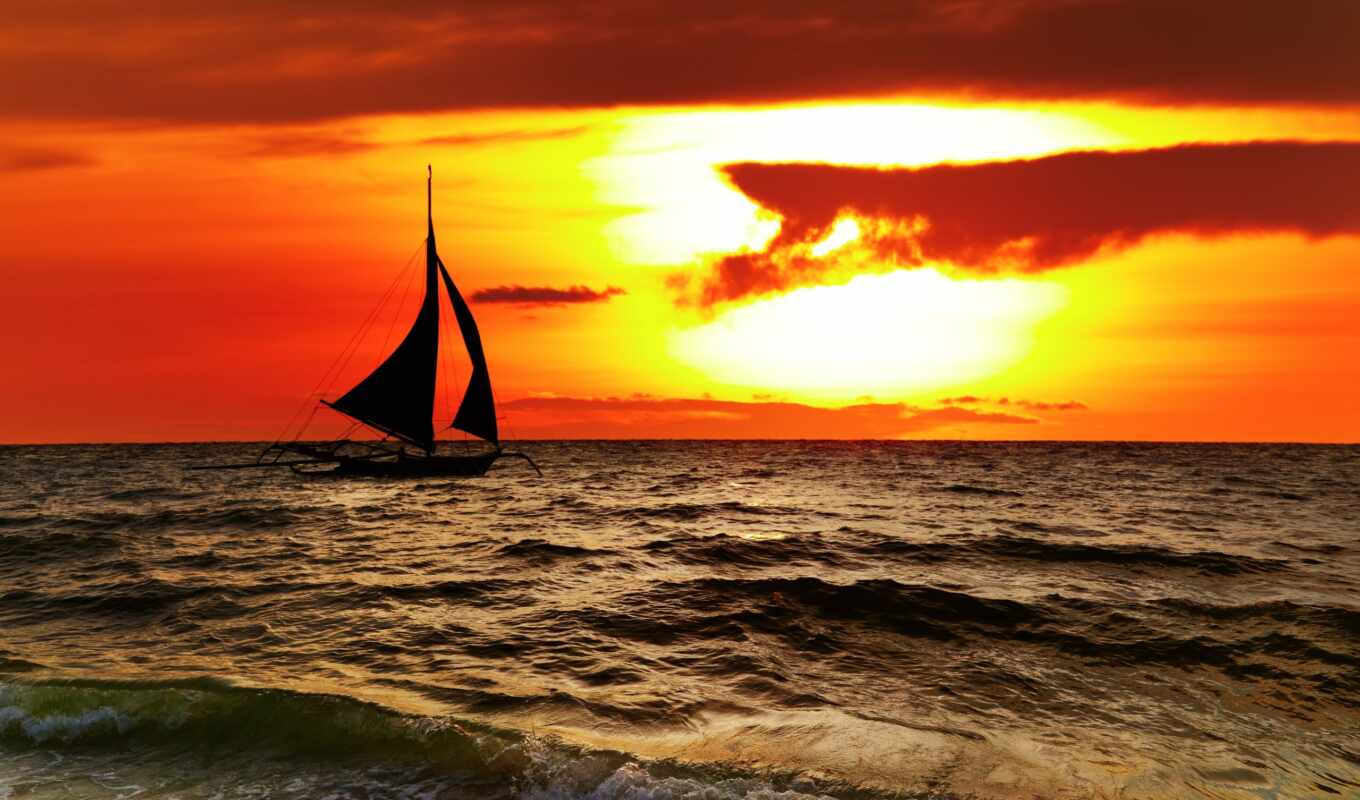 небо, закат, landscape, море, stock, scenery, tropical, clouds, boracay, sailboat, philippines
