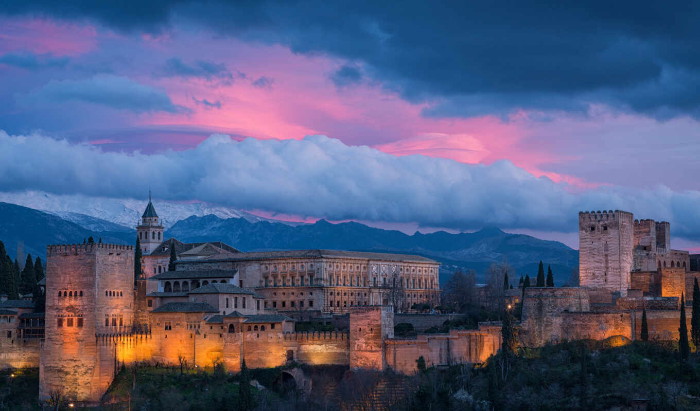 picture, evening, Spain, Alhambra palace